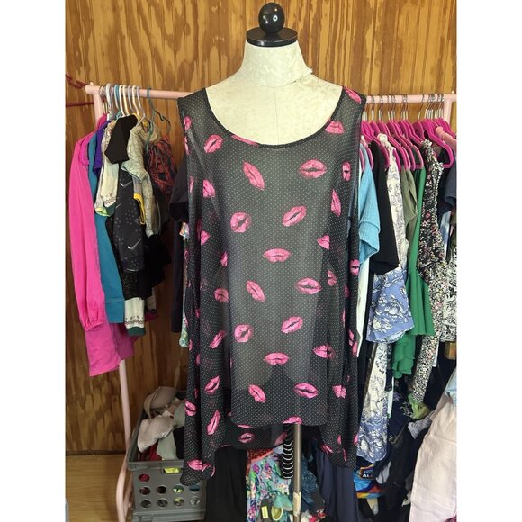 Torrid Tank Top Sleeveless Shirt Black Polka Dot- Semi sheer Pink Lips 3 (3X) - Picture 2 of 11